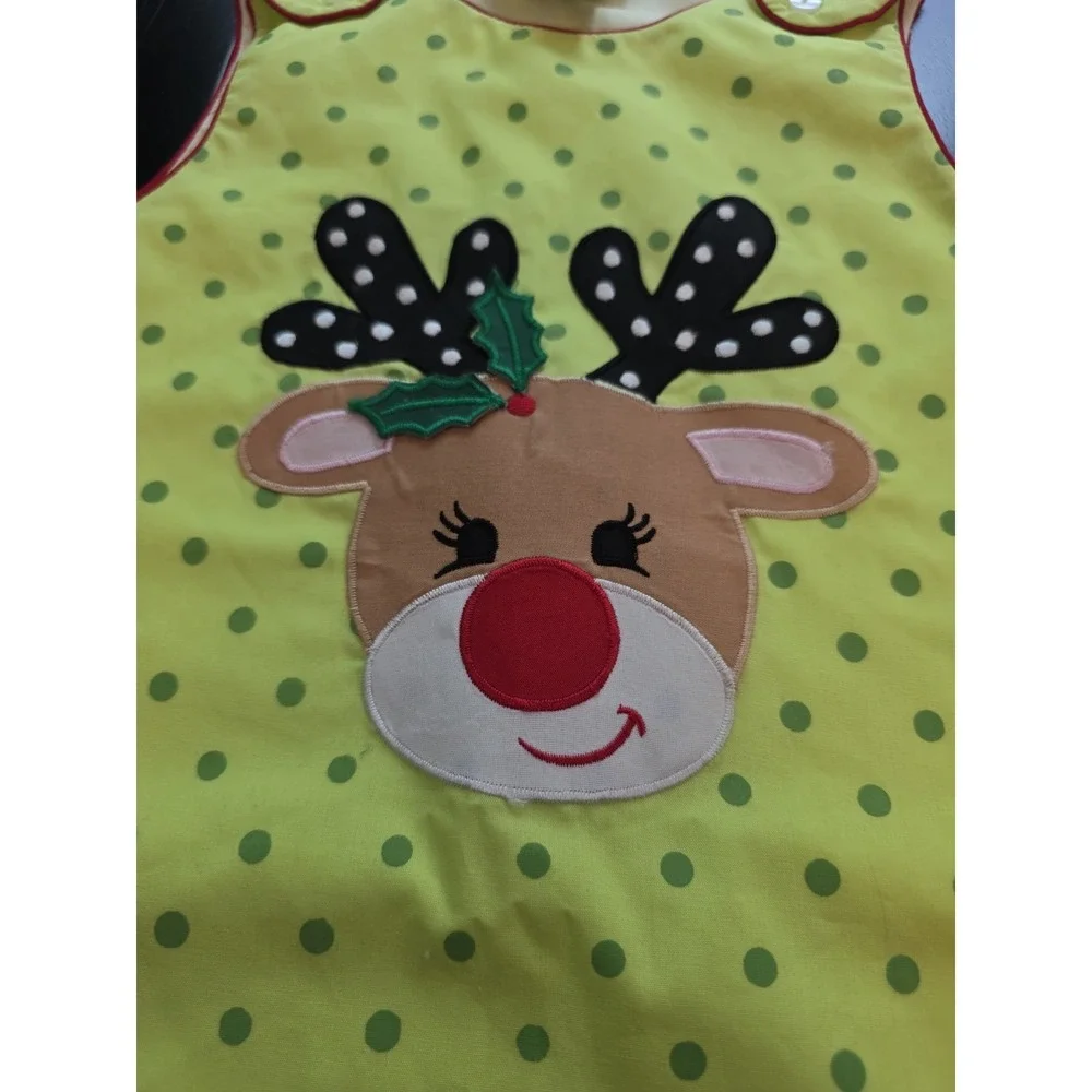 NWT Rosalina Collections Girls 3T Reindeer Christmas Jumper Dress Lime Polka Dot